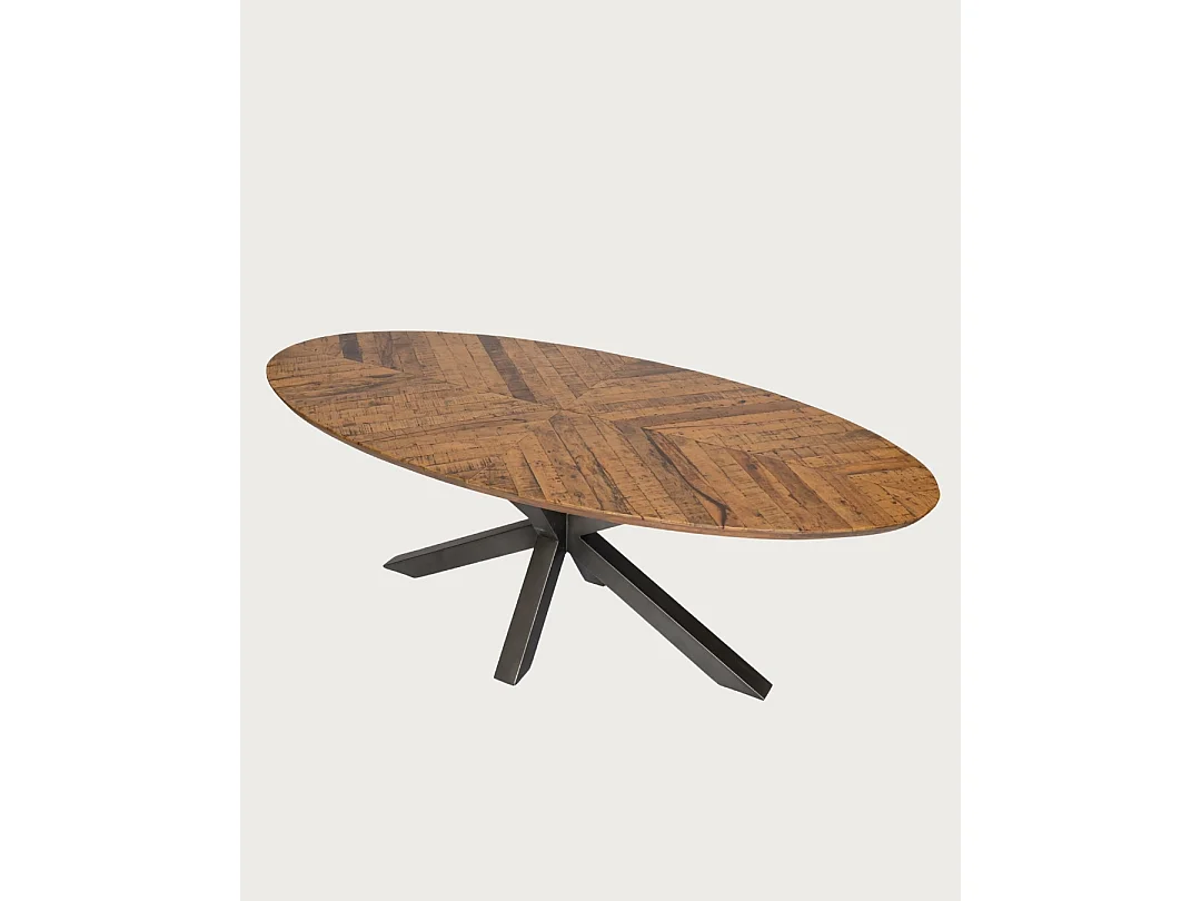 Apogée - Table salle à manger ovale, Plateau en Manguier à Chevrons & Pied Étoile en Métal