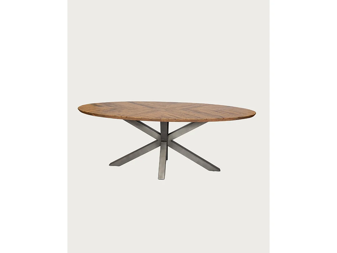 Apogée - Table salle à manger ovale, Plateau en Manguier à Chevrons & Pied Étoile en Métal