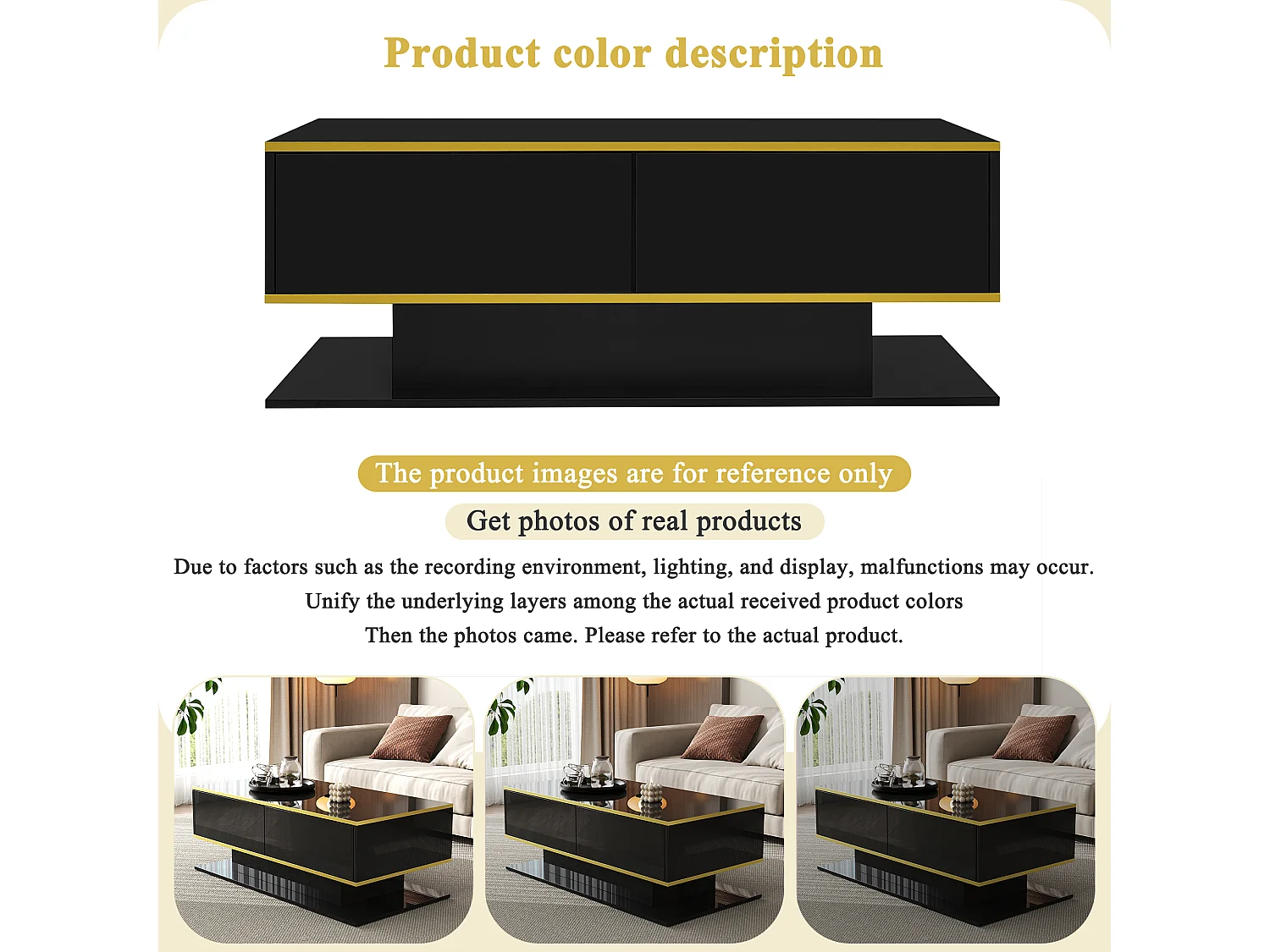 Modern LED Coffee Table - Glossy Finish - With 3 Drawers - With LED Lighting - Black