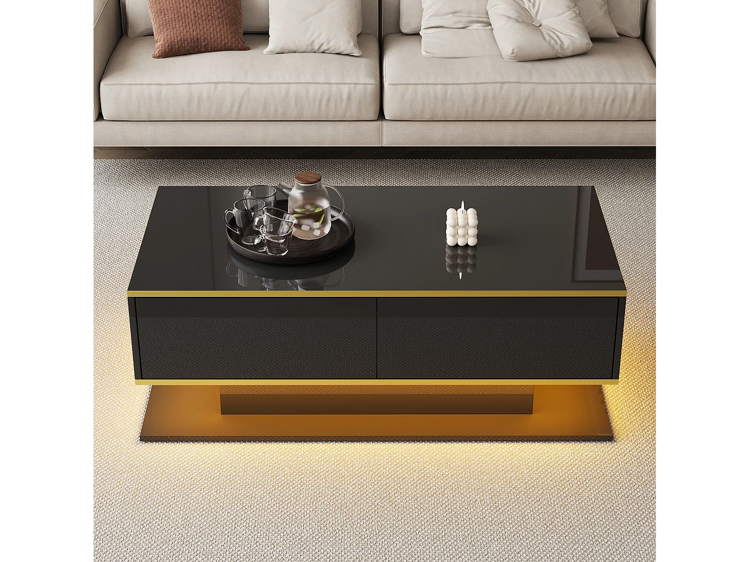 Modern LED Coffee Table - Glossy Finish - With 3 Drawers - With LED Lighting - Black
