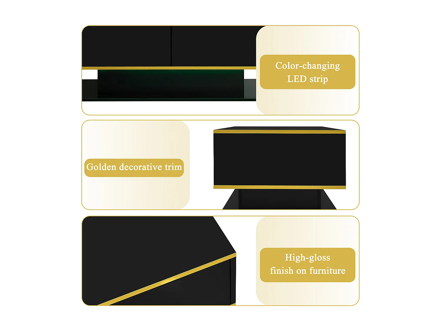 Modern LED Coffee Table - Glossy Finish - With 3 Drawers - With LED Lighting - Black