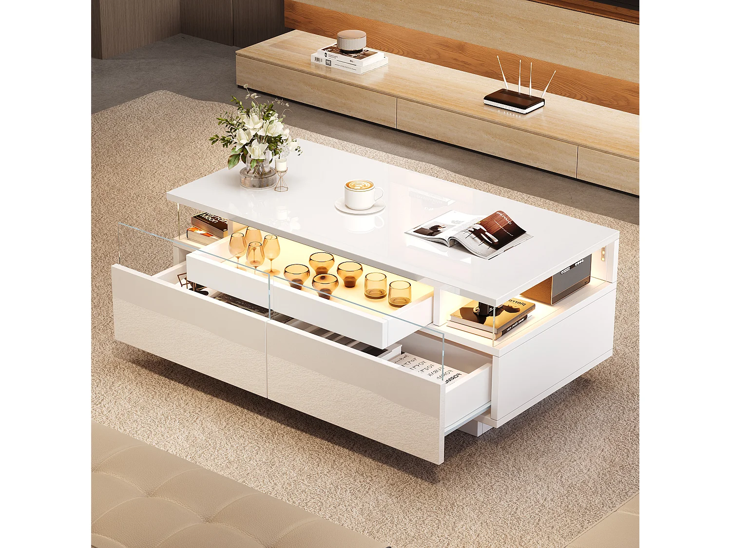 High-gloss coffee table 90x45x35.5 cm - 2 drawers - with LED lighting - with tempered glass - white