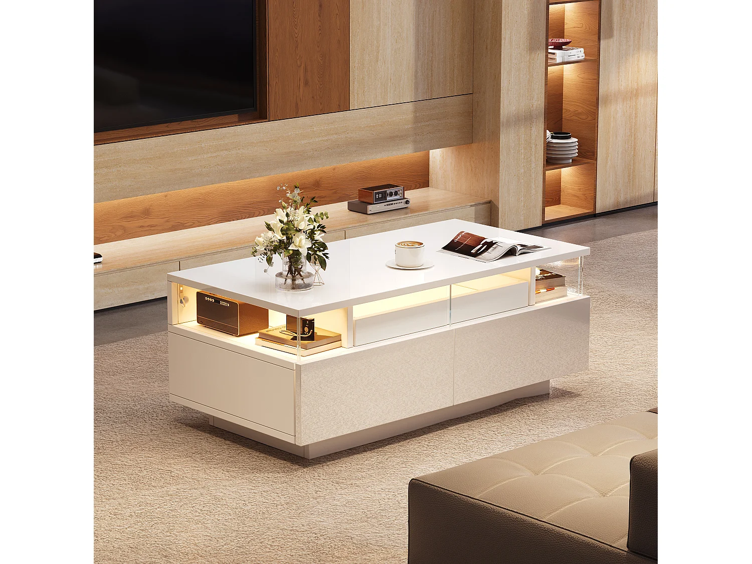 High-gloss coffee table 90x45x35.5 cm - 2 drawers - with LED lighting - with tempered glass - white