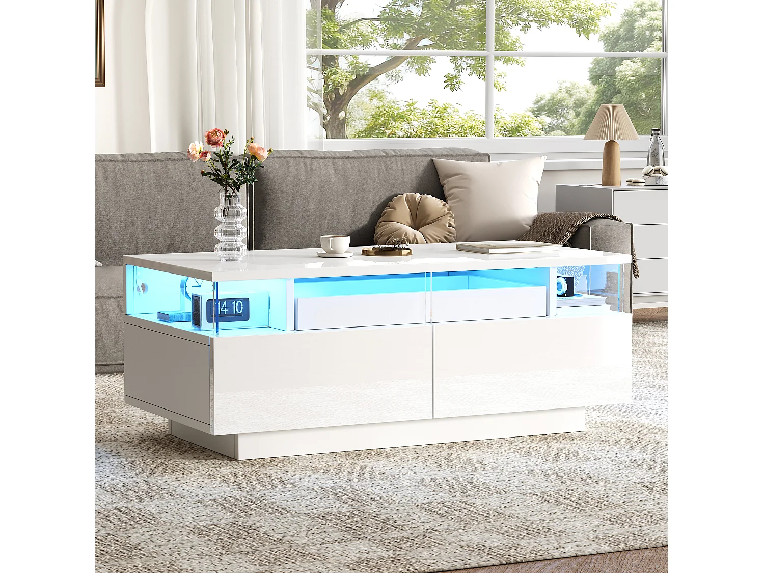 High-gloss coffee table 90x45x35.5 cm - 2 drawers - with LED lighting - with tempered glass - white