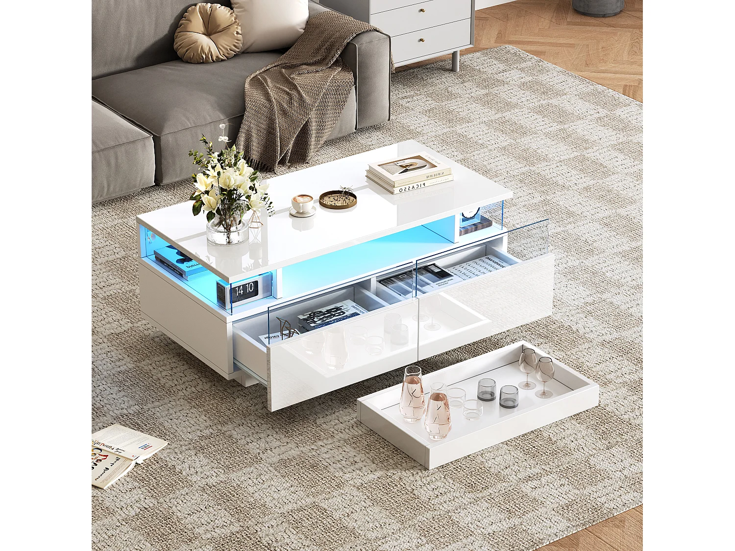 High-gloss coffee table 90x45x35.5 cm - 2 drawers - with LED lighting - with tempered glass - white