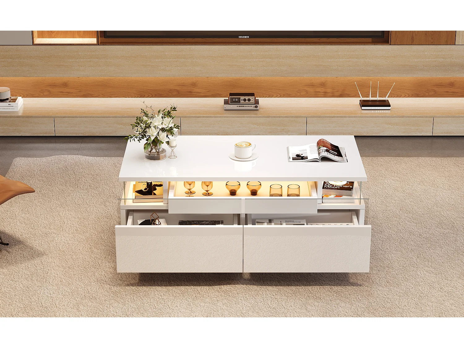 High-gloss coffee table 90x45x35.5 cm - 2 drawers - with LED lighting - with tempered glass - white