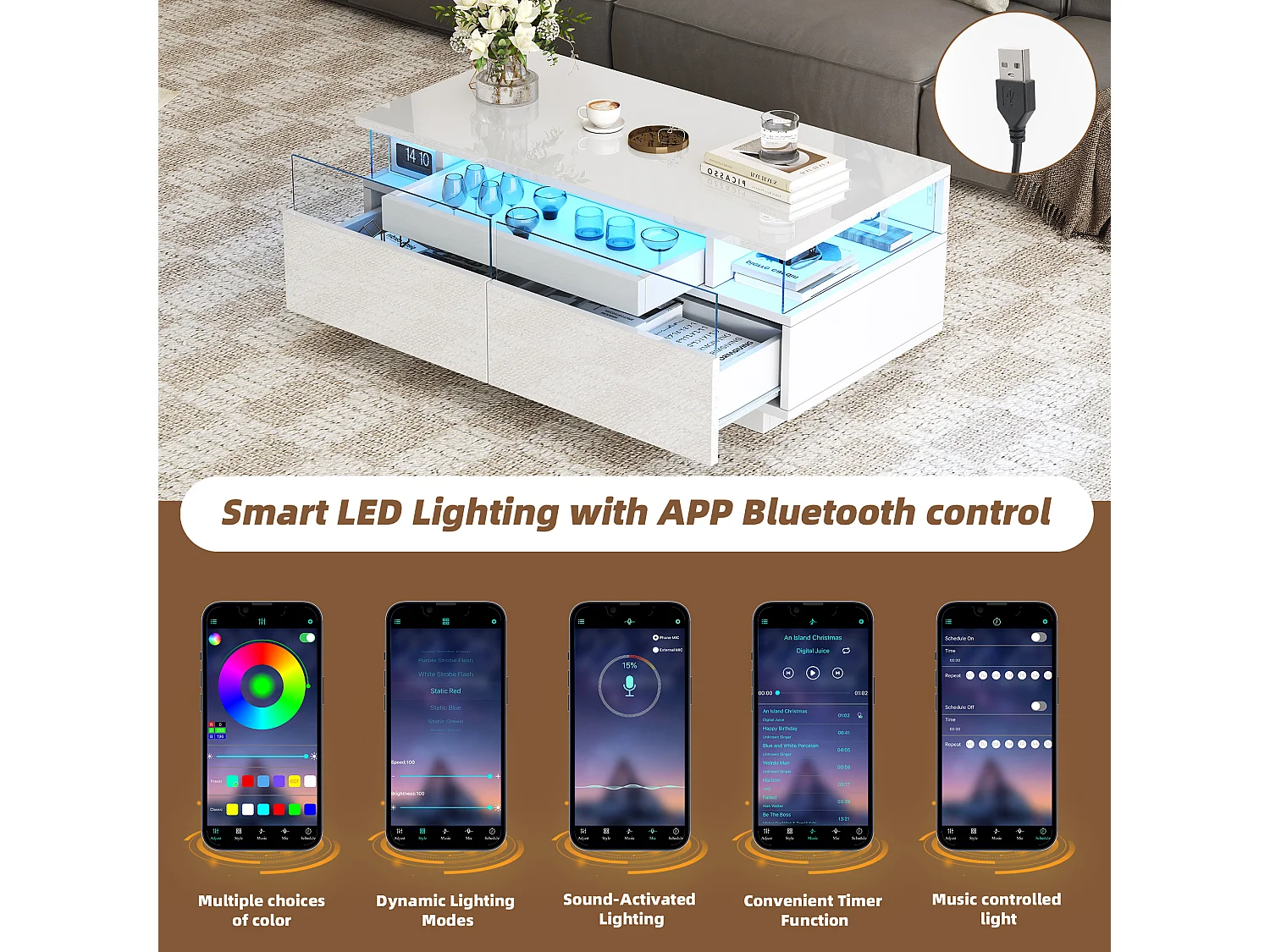 High-gloss coffee table 90x45x35.5 cm - 2 drawers - with LED lighting - with tempered glass - white