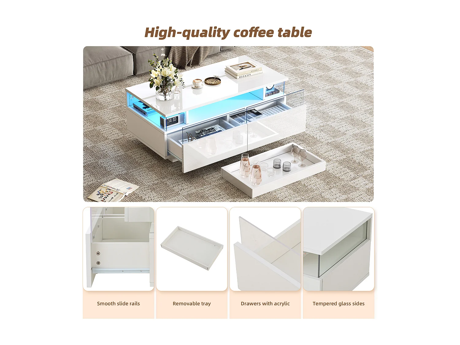 High-gloss coffee table 90x45x35.5 cm - 2 drawers - with LED lighting - with tempered glass - white