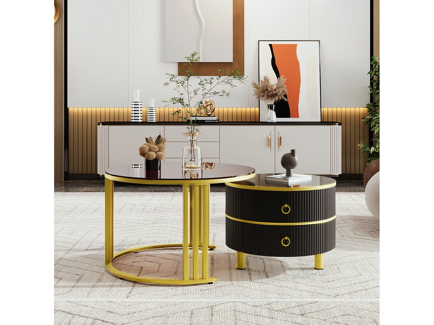 Set of 2 nesting coffee tables with 2 drawers - tempered glass top - Brown & Black