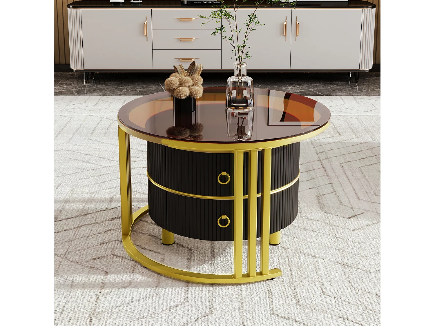 Set of 2 nesting coffee tables with 2 drawers - tempered glass top - Brown & Black