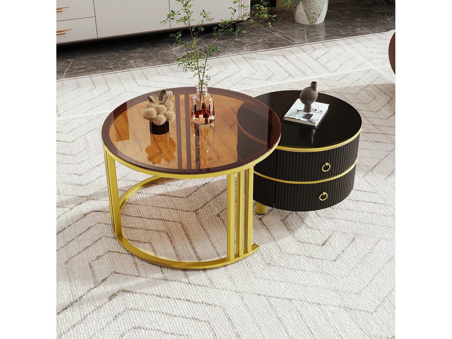 Set of 2 nesting coffee tables with 2 drawers - tempered glass top - Brown & Black