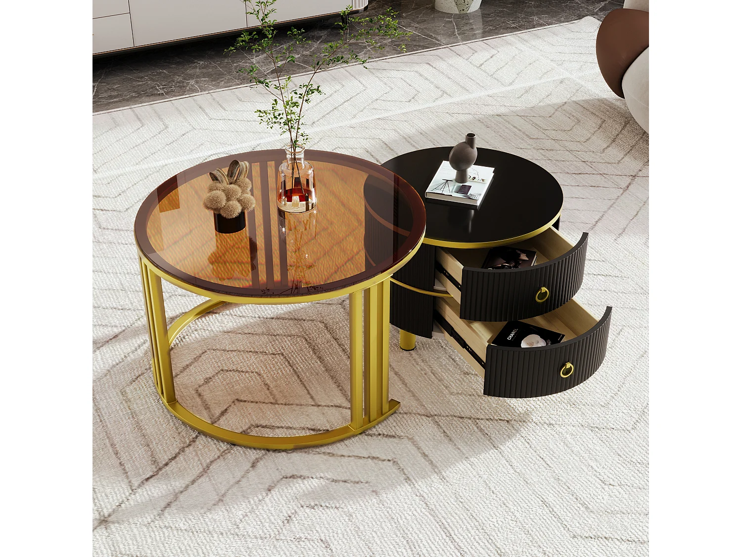 Set of 2 nesting coffee tables with 2 drawers - tempered glass top - Brown & Black