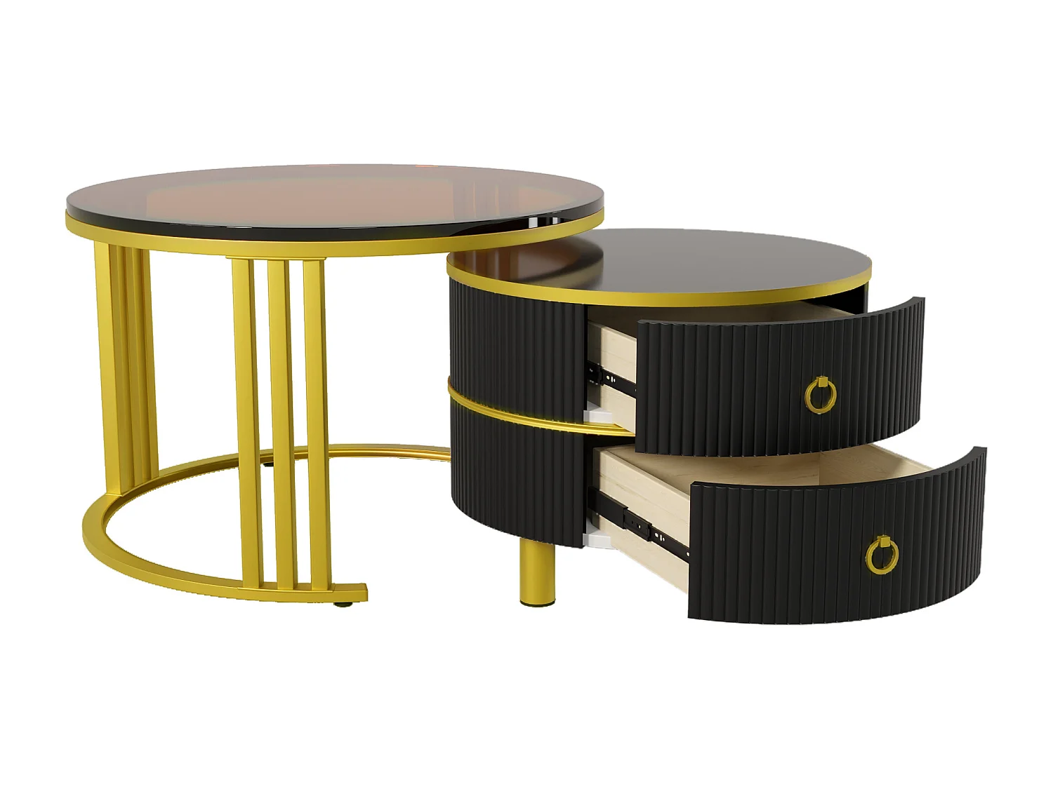 Set of 2 nesting coffee tables with 2 drawers - tempered glass top - Brown & Black