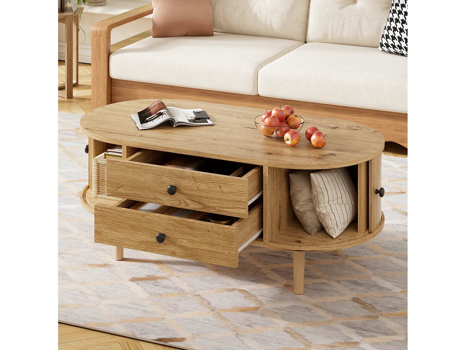 Ovale salontafel 100x50x40 cm - geribbeld design - 2 schuifdeuren en 2 lades - MDF - naturel