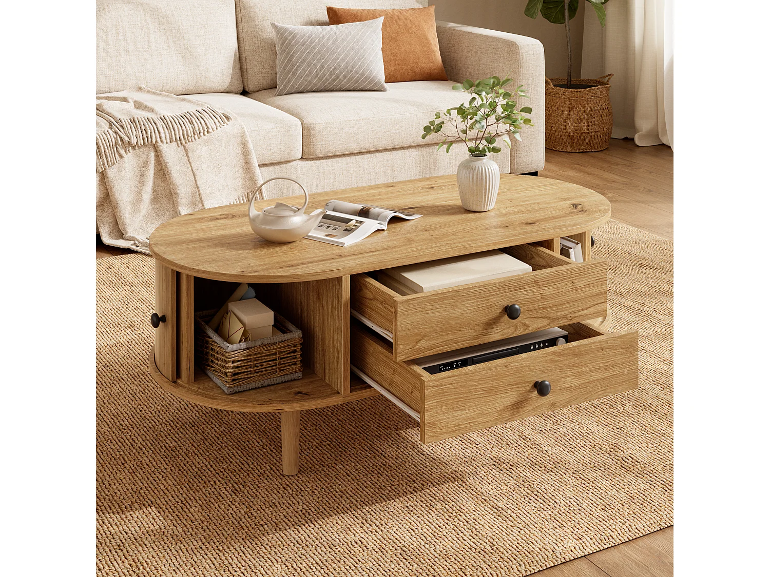 Ovale salontafel 100x50x40 cm - geribbeld design - 2 schuifdeuren en 2 lades - MDF - naturel
