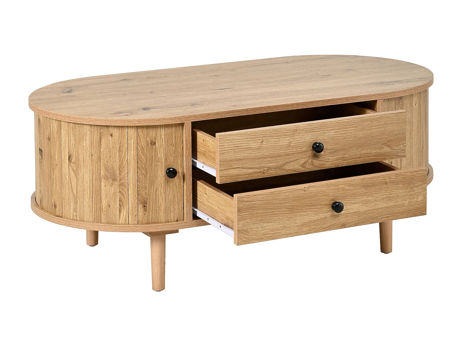 Ovale salontafel 100x50x40 cm - geribbeld design - 2 schuifdeuren en 2 lades - MDF - naturel