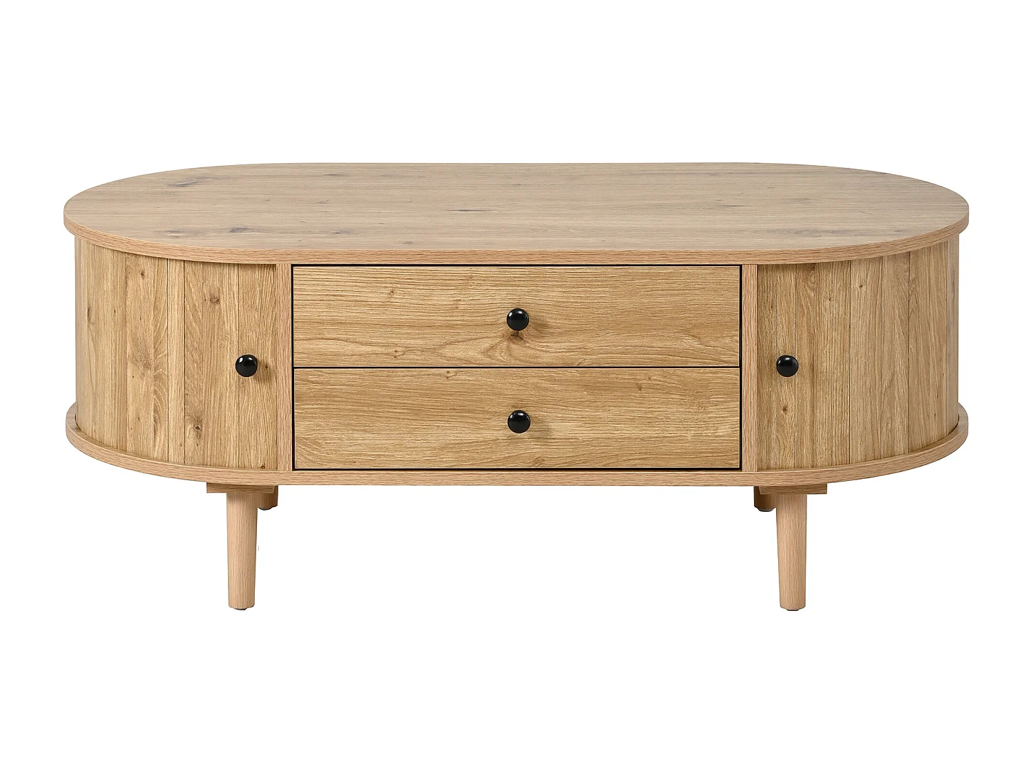 Ovale salontafel 100x50x40 cm - geribbeld design - 2 schuifdeuren en 2 lades - MDF - naturel