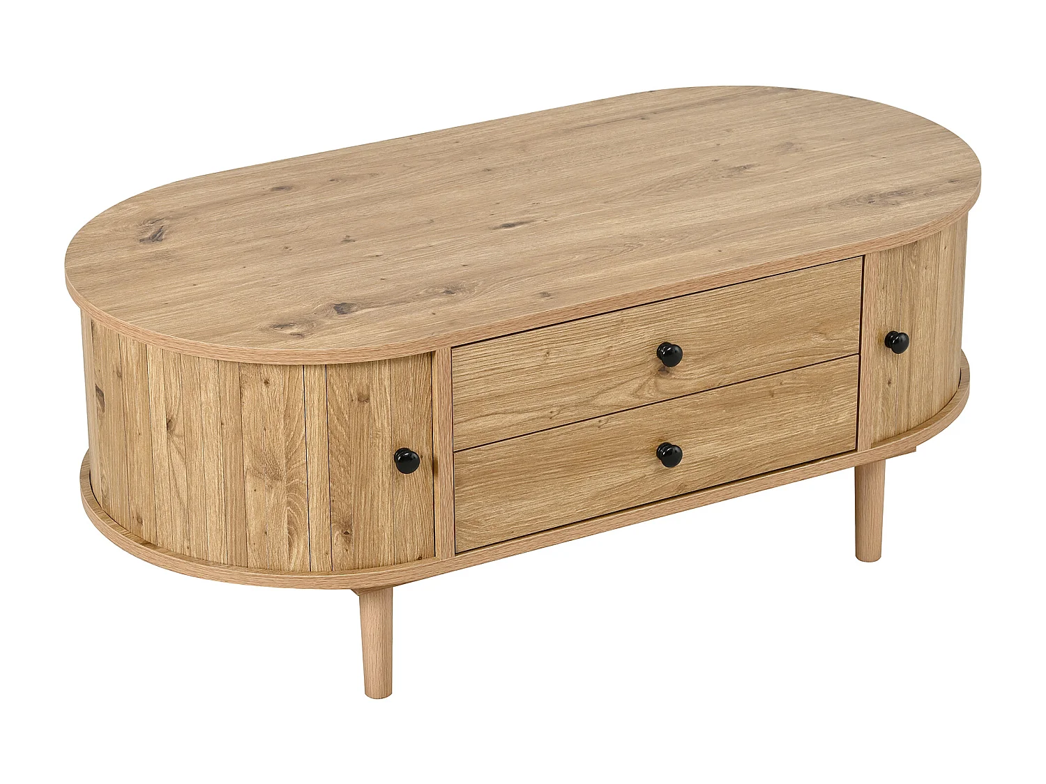Ovale salontafel 100x50x40 cm - geribbeld design - 2 schuifdeuren en 2 lades - MDF - naturel