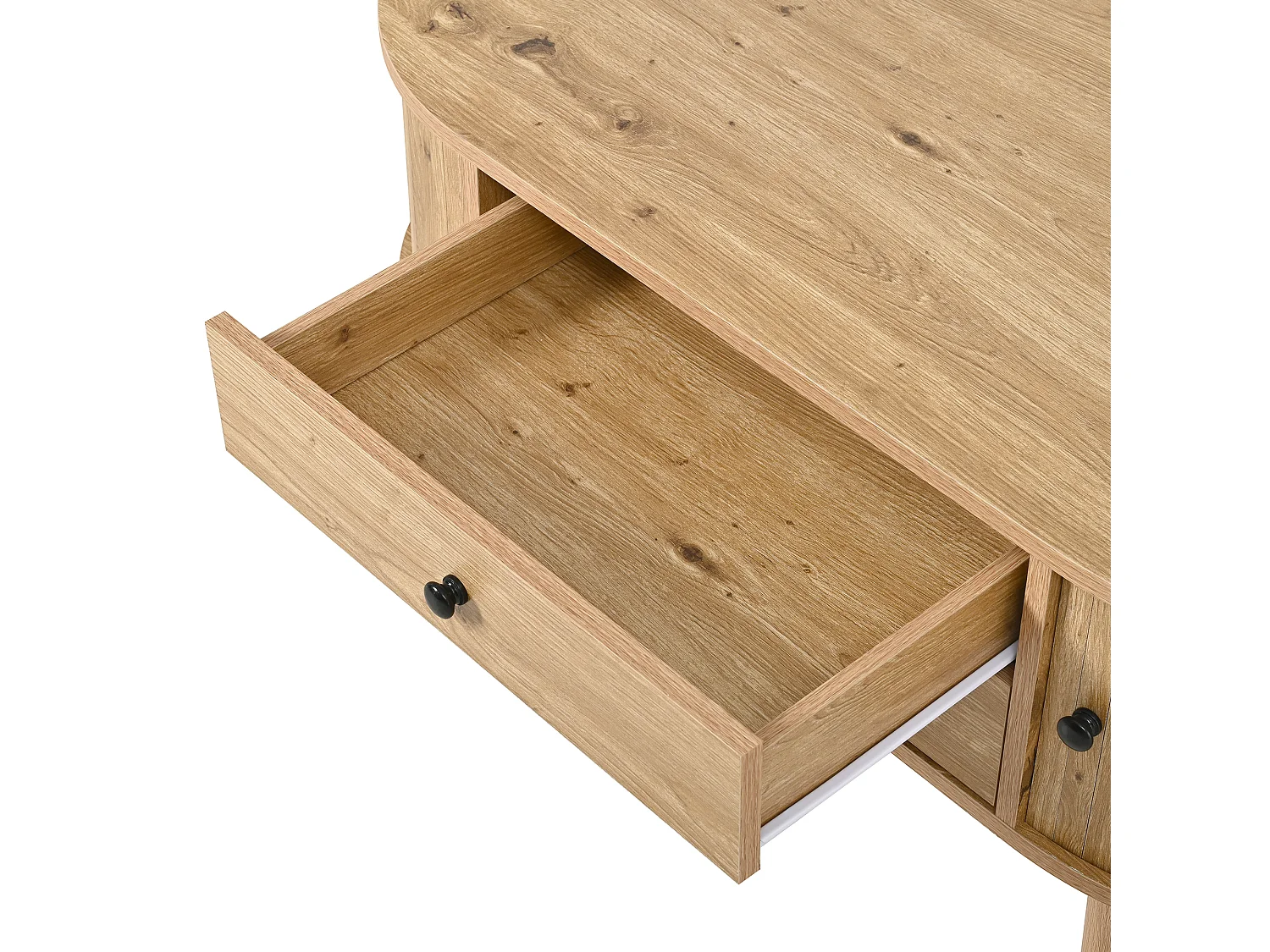 Ovale salontafel 100x50x40 cm - geribbeld design - 2 schuifdeuren en 2 lades - MDF - naturel