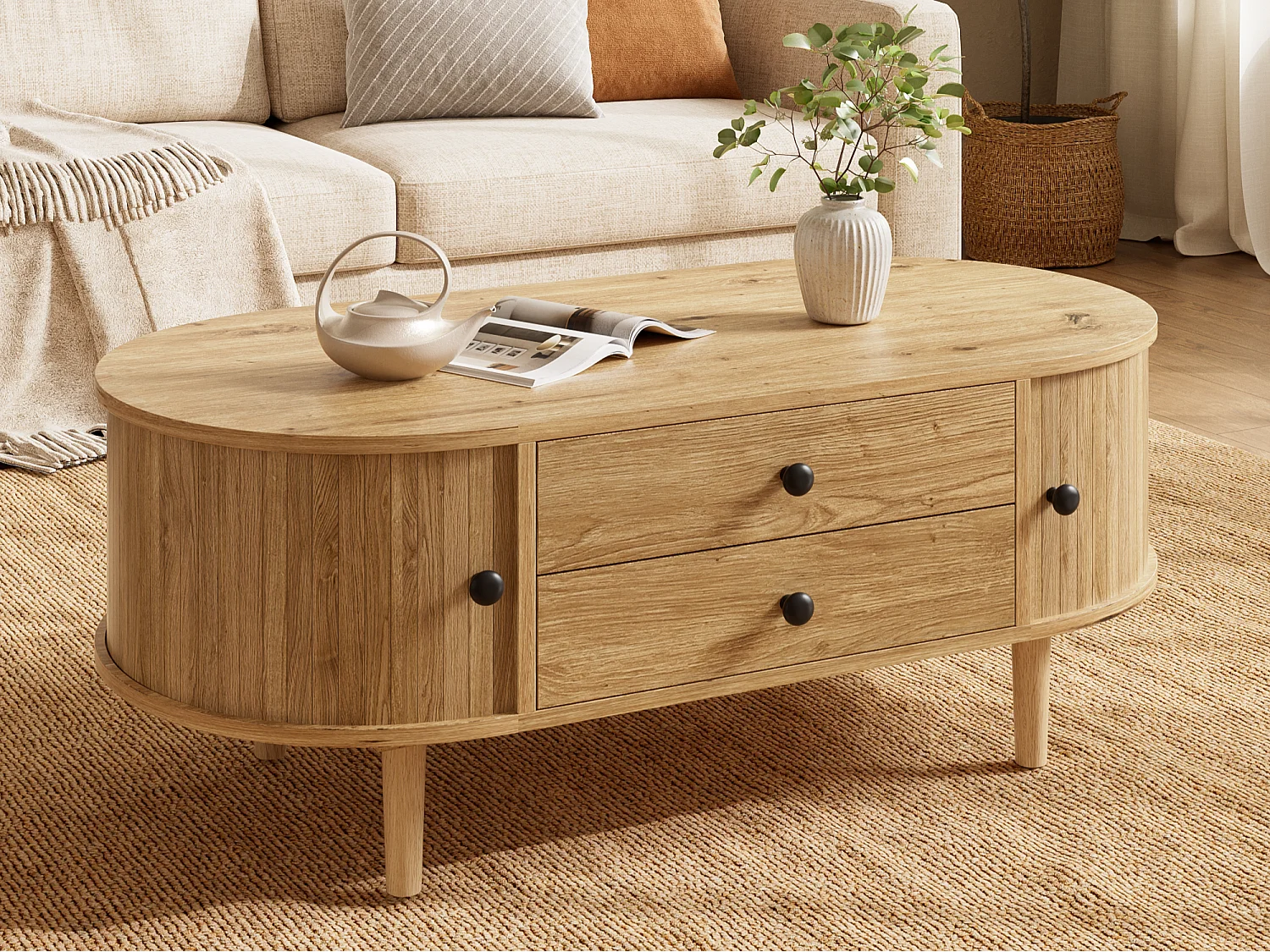 Ovale salontafel 100x50x40 cm - geribbeld design - 2 schuifdeuren en 2 lades - MDF - naturel