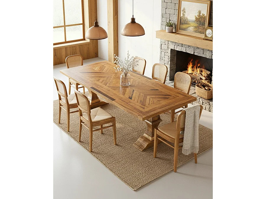 Maestro - Table salle à manger rectangulaire bois Manguier, Double Piédestal & Motif à Chevrons
