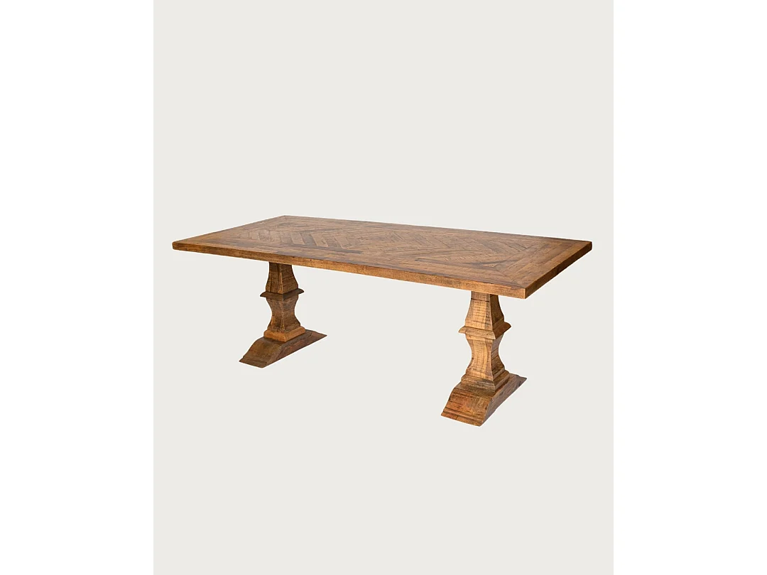 Maestro - Table salle à manger rectangulaire bois Manguier, Double Piédestal & Motif à Chevrons