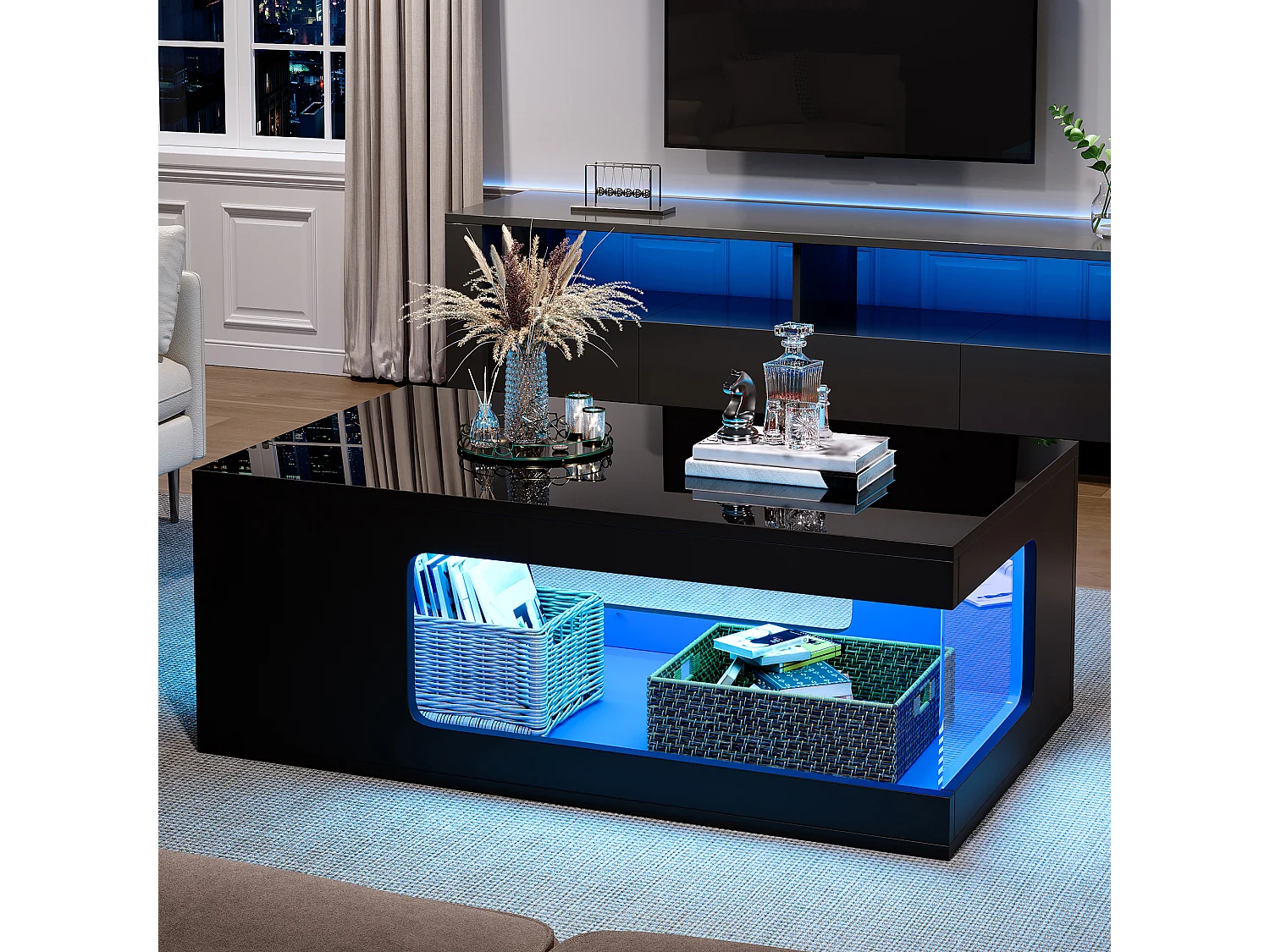 Hochglänzender Couchtisch fürs Wohnzimmer – 100 x 50 x 35 cm – mit Ablagen aus gehärtetem Glas und LED-Beleuchtung – Spanplatte – schwarz