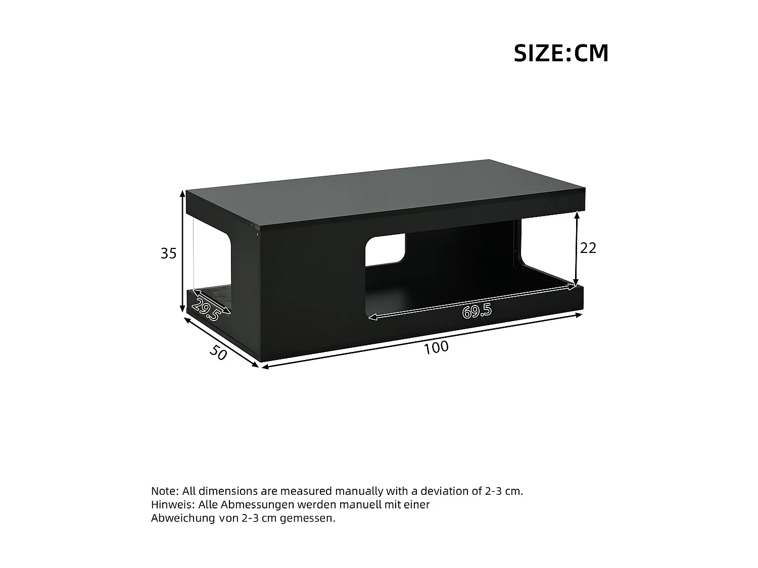 Hochglänzender Couchtisch fürs Wohnzimmer – 100 x 50 x 35 cm – mit Ablagen aus gehärtetem Glas und LED-Beleuchtung – Spanplatte – schwarz