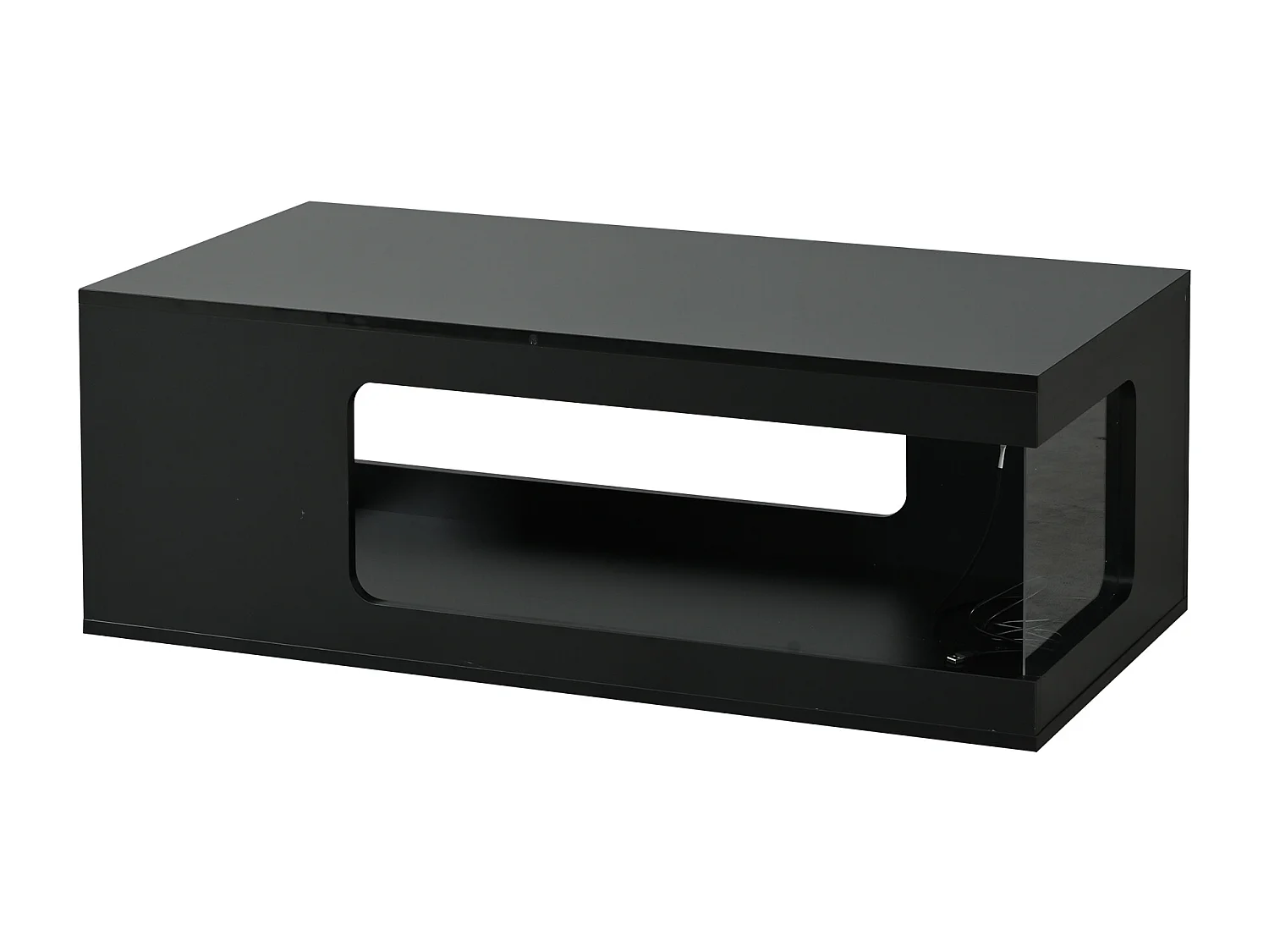 Hochglänzender Couchtisch fürs Wohnzimmer – 100 x 50 x 35 cm – mit Ablagen aus gehärtetem Glas und LED-Beleuchtung – Spanplatte – schwarz