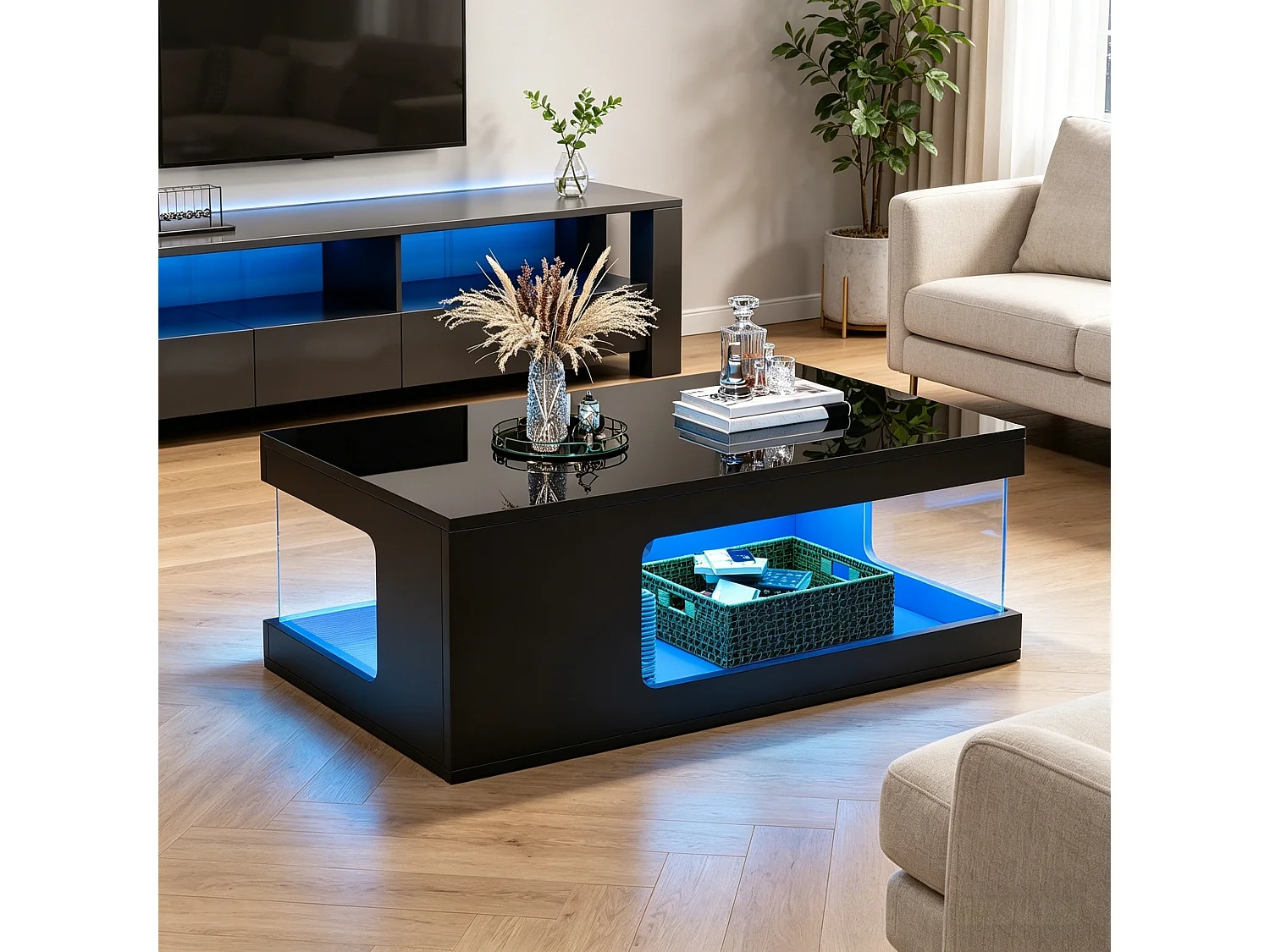 Hochglänzender Couchtisch fürs Wohnzimmer – 100 x 50 x 35 cm – mit Ablagen aus gehärtetem Glas und LED-Beleuchtung – Spanplatte – schwarz