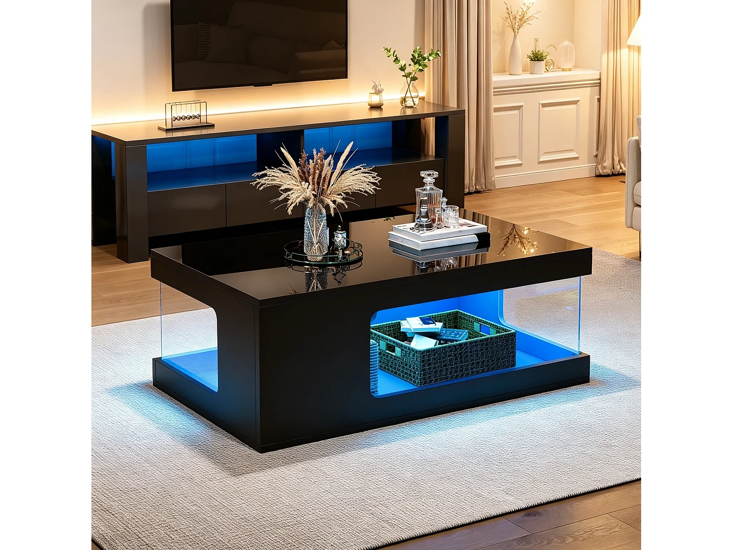 Hochglänzender Couchtisch fürs Wohnzimmer – 100 x 50 x 35 cm – mit Ablagen aus gehärtetem Glas und LED-Beleuchtung – Spanplatte – schwarz