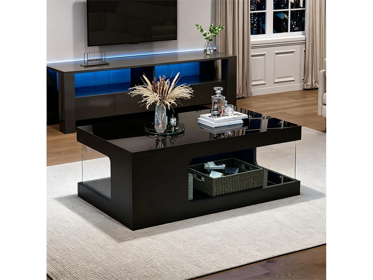 Hochglänzender Couchtisch fürs Wohnzimmer – 100 x 50 x 35 cm – mit Ablagen aus gehärtetem Glas und LED-Beleuchtung – Spanplatte – schwarz