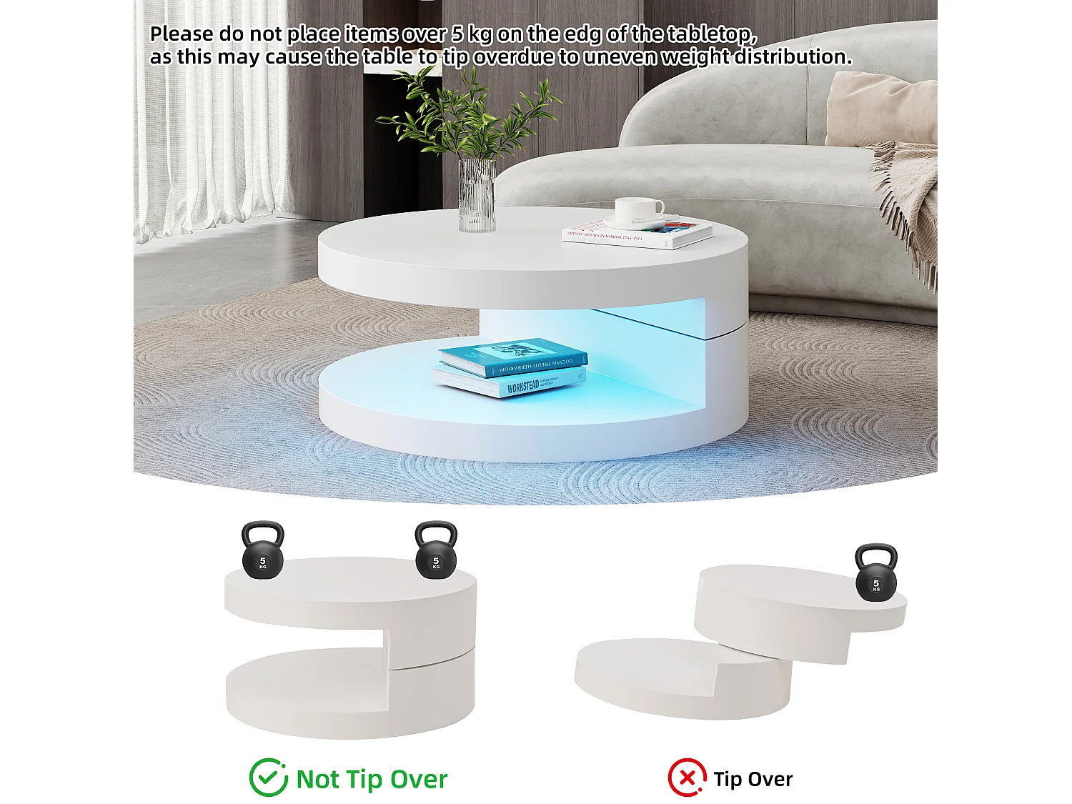 Rotating cylindrical coffee table 70x70x35.5 cm - 360° swivel top - with LED lighting - White