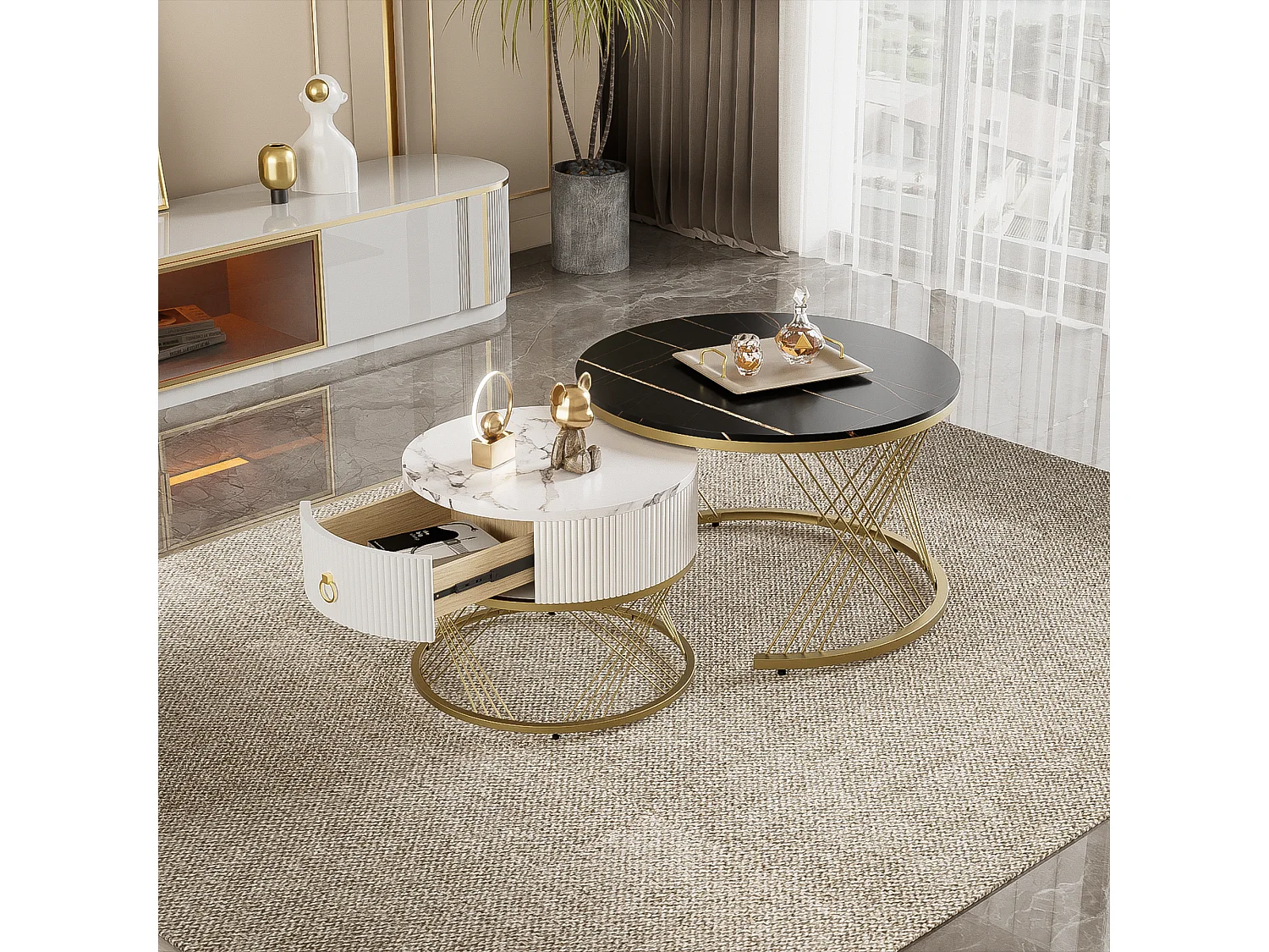 Set of 2 coffee tables with a drawer - MDF top with marble pattern - Black