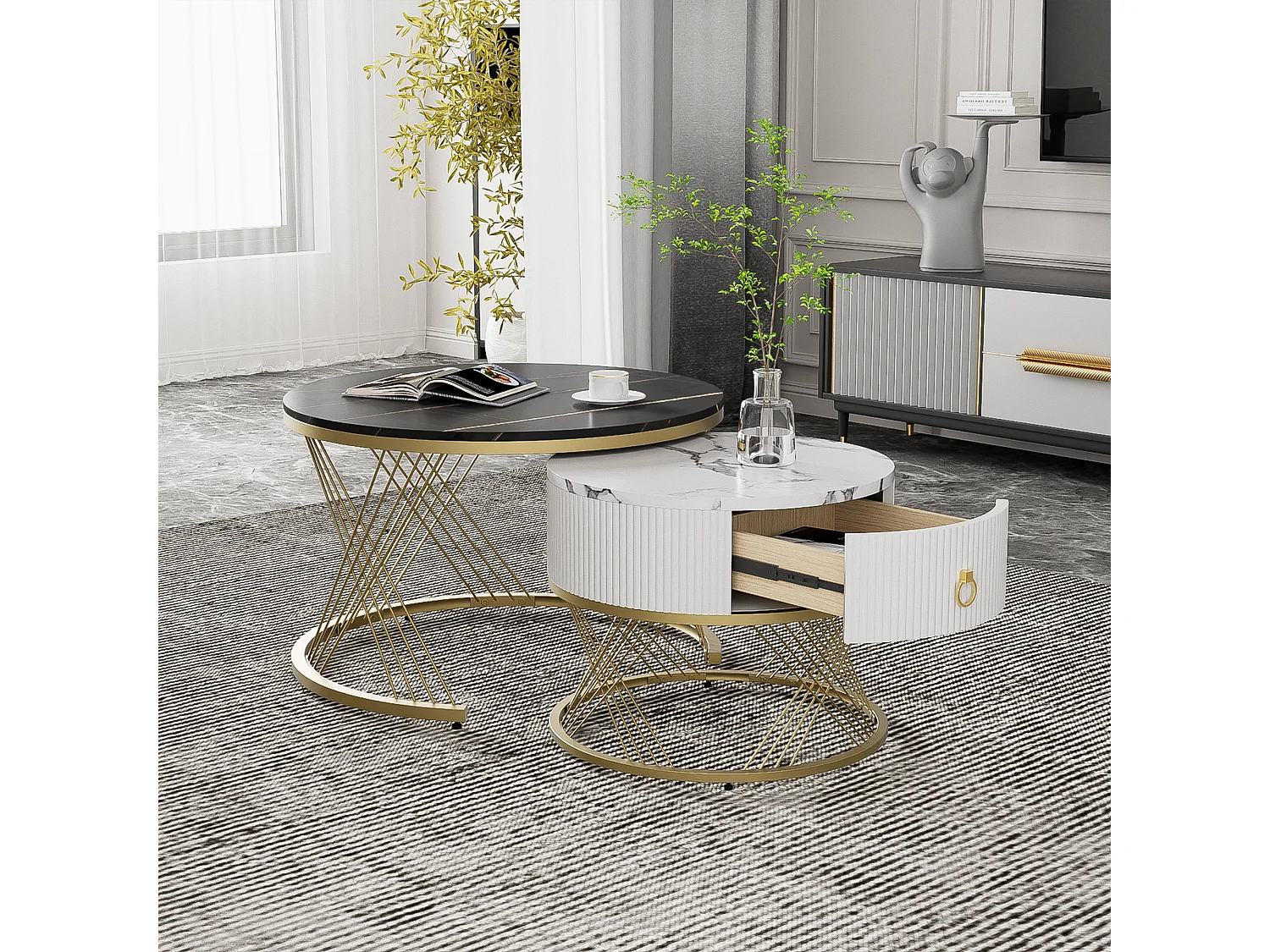 Set of 2 coffee tables with a drawer - MDF top with marble pattern - Black