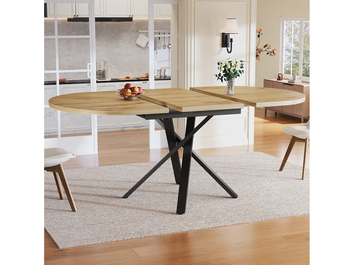 Uitschuifbare eettafel 100-140 cm, ronde tot ovale tafel met houtlook tafelblad en stevige metalen X-poten - naturel