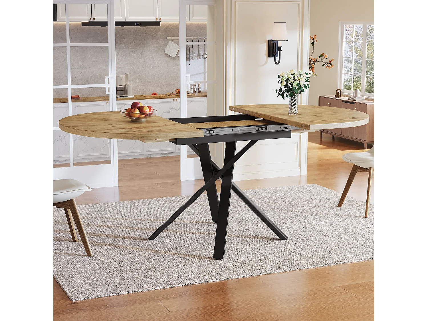 Uitschuifbare eettafel 100-140 cm, ronde tot ovale tafel met houtlook tafelblad en stevige metalen X-poten - naturel