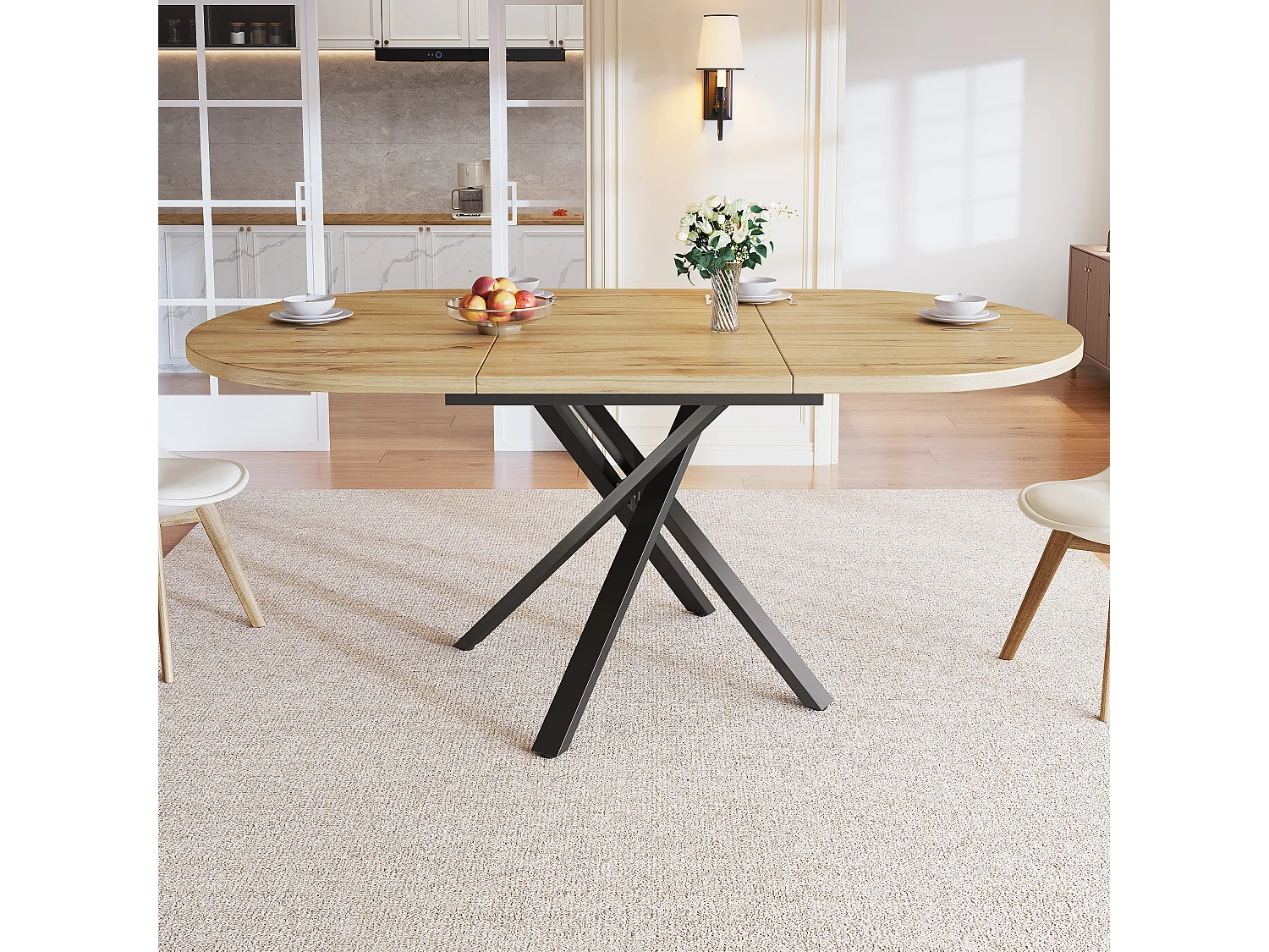 Uitschuifbare eettafel 100-140 cm, ronde tot ovale tafel met houtlook tafelblad en stevige metalen X-poten - naturel