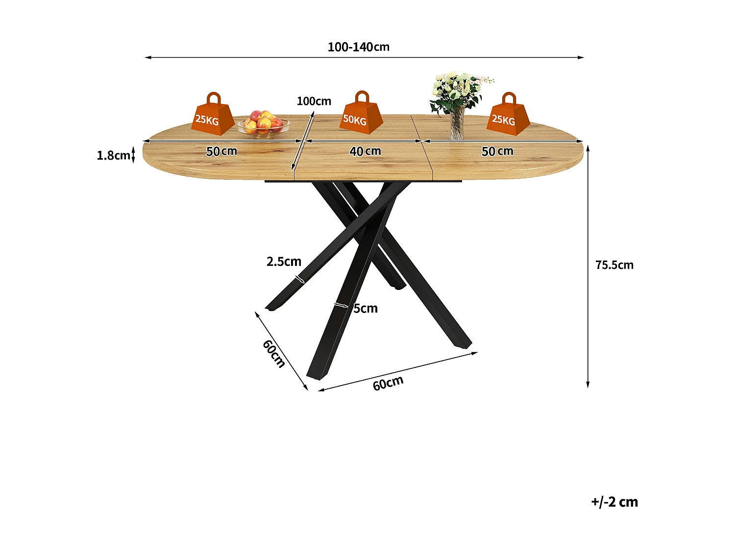 Uitschuifbare eettafel 100-140 cm, ronde tot ovale tafel met houtlook tafelblad en stevige metalen X-poten - naturel