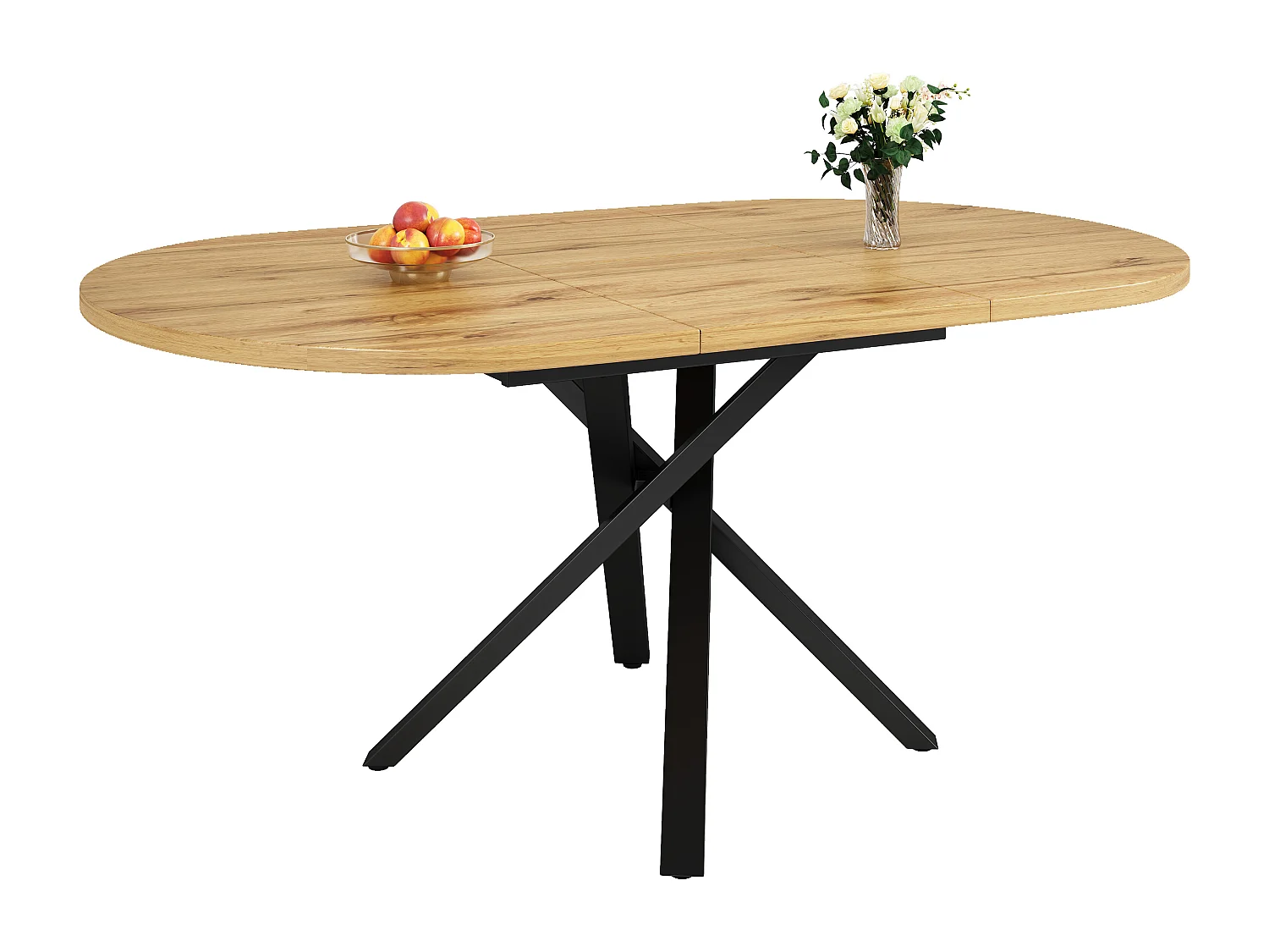 Uitschuifbare eettafel 100-140 cm, ronde tot ovale tafel met houtlook tafelblad en stevige metalen X-poten - naturel