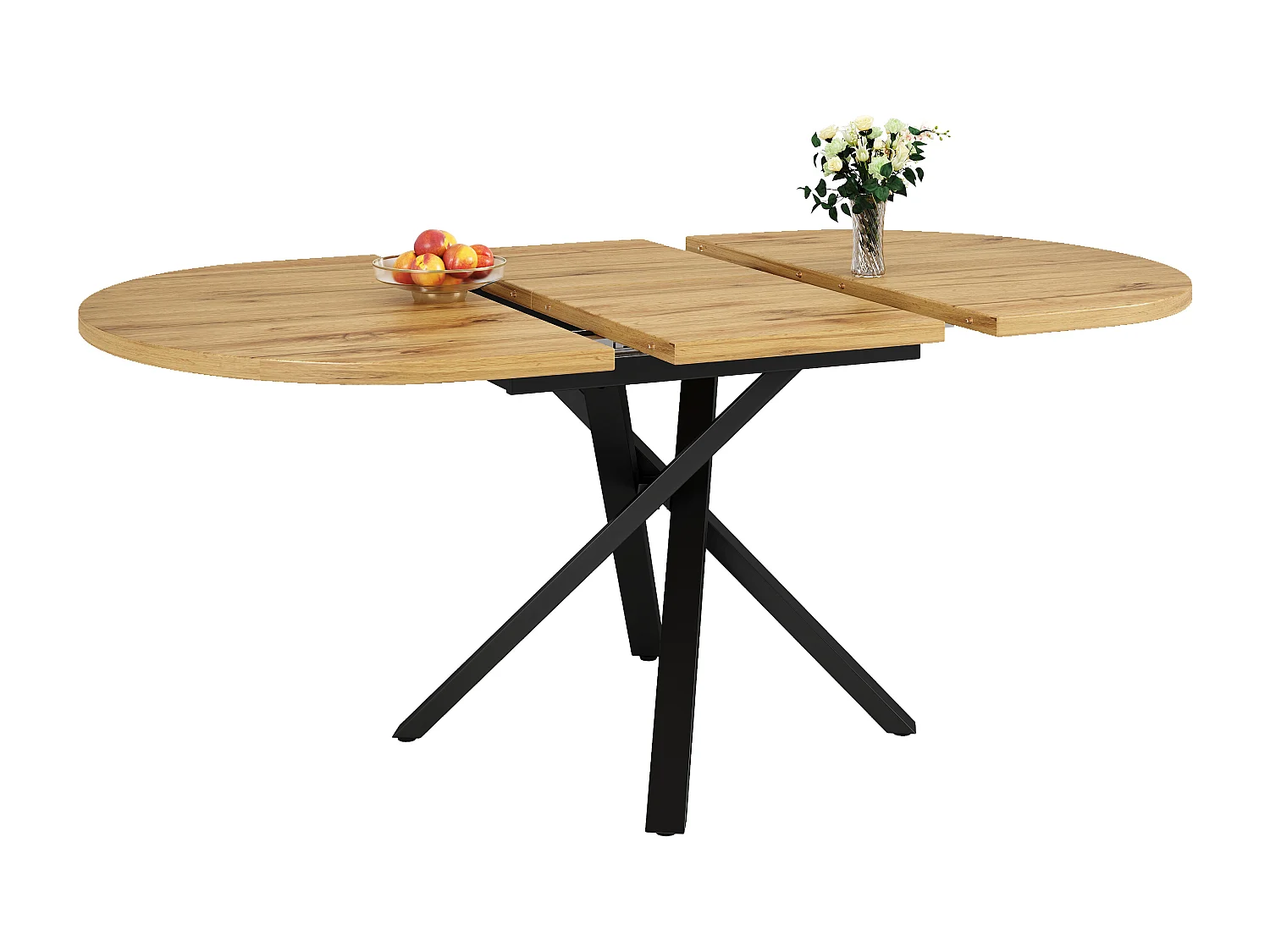 Uitschuifbare eettafel 100-140 cm, ronde tot ovale tafel met houtlook tafelblad en stevige metalen X-poten - naturel