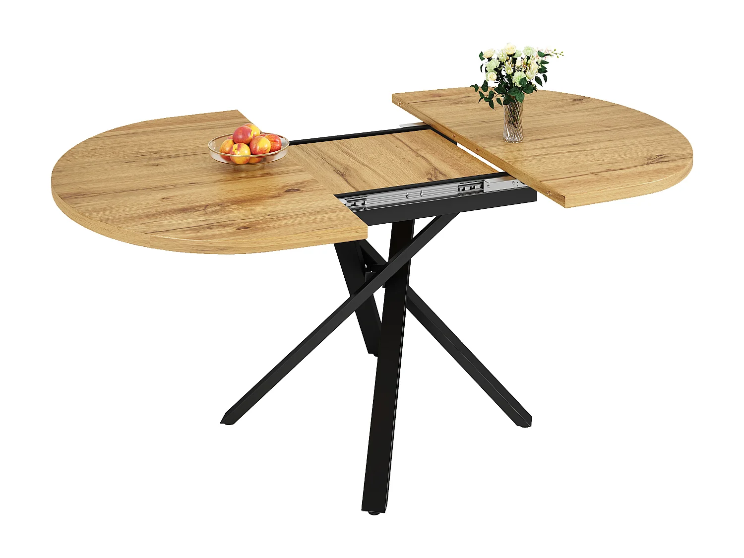 Uitschuifbare eettafel 100-140 cm, ronde tot ovale tafel met houtlook tafelblad en stevige metalen X-poten - naturel