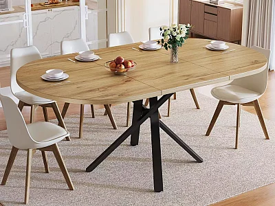 Uitschuifbare eettafel 100-140 cm, ronde tot ovale tafel met houtlook tafelblad en stevige metalen X-poten - naturel