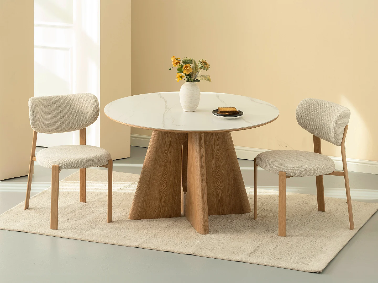 Mesa de comedor Diana - Madera natural con tablero de cerámica acabado mármol blanco 120 cm - Homeluxury