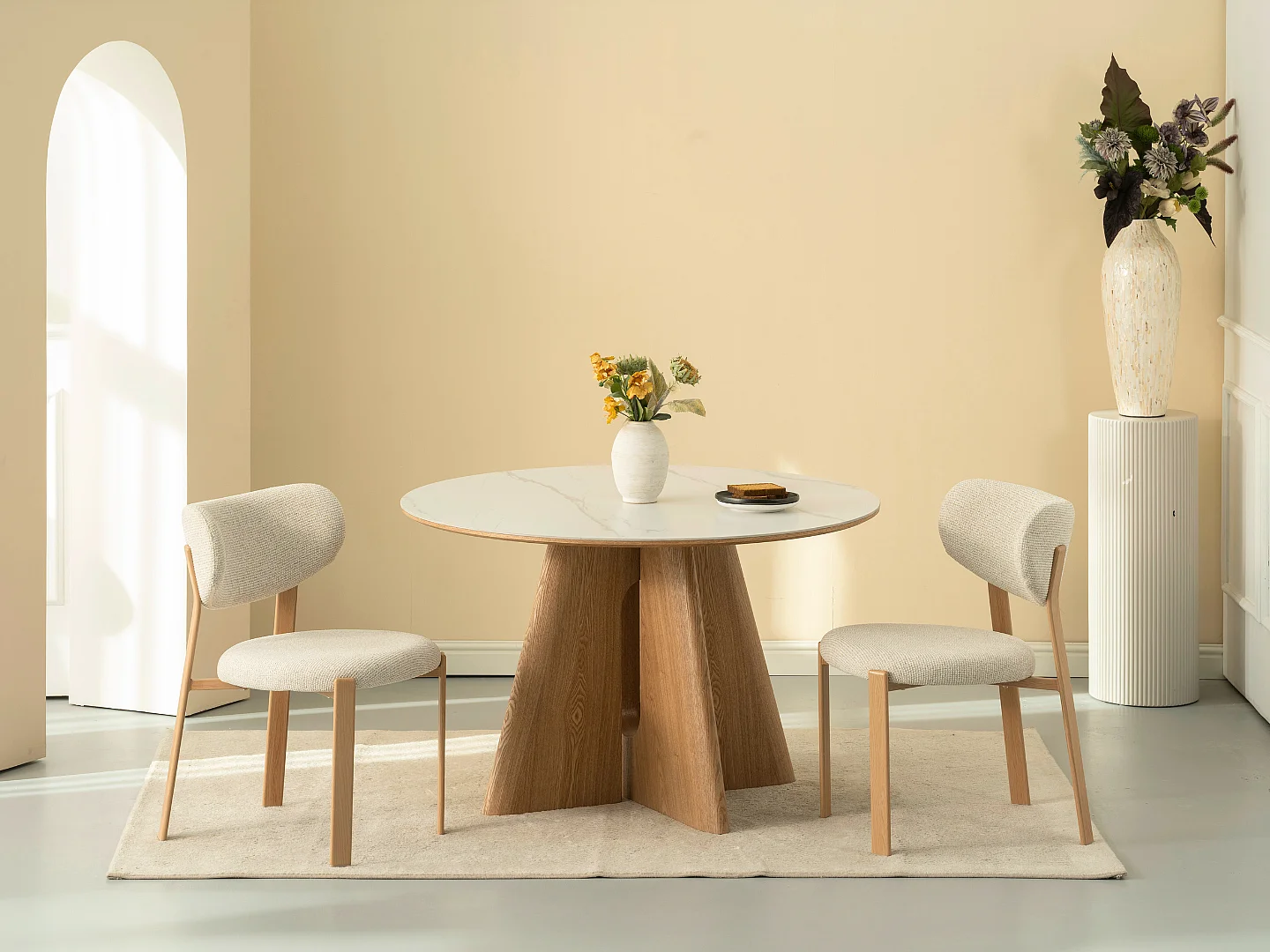 Mesa de comedor Diana - Madera natural con tablero de cerámica acabado mármol blanco 120 cm - Homeluxury