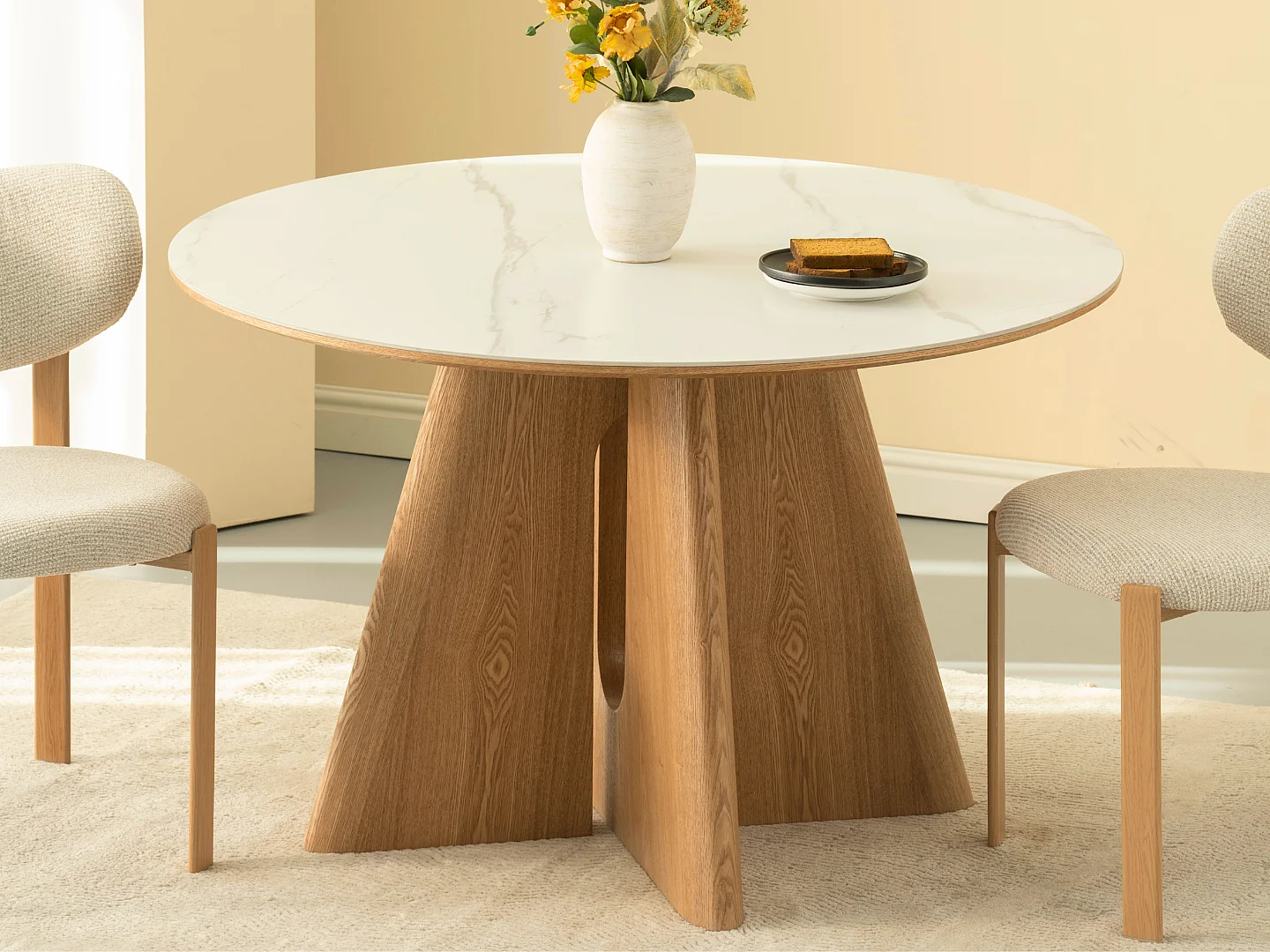 Mesa de comedor Diana - Madera natural con tablero de cerámica acabado mármol blanco 120 cm - Homeluxury