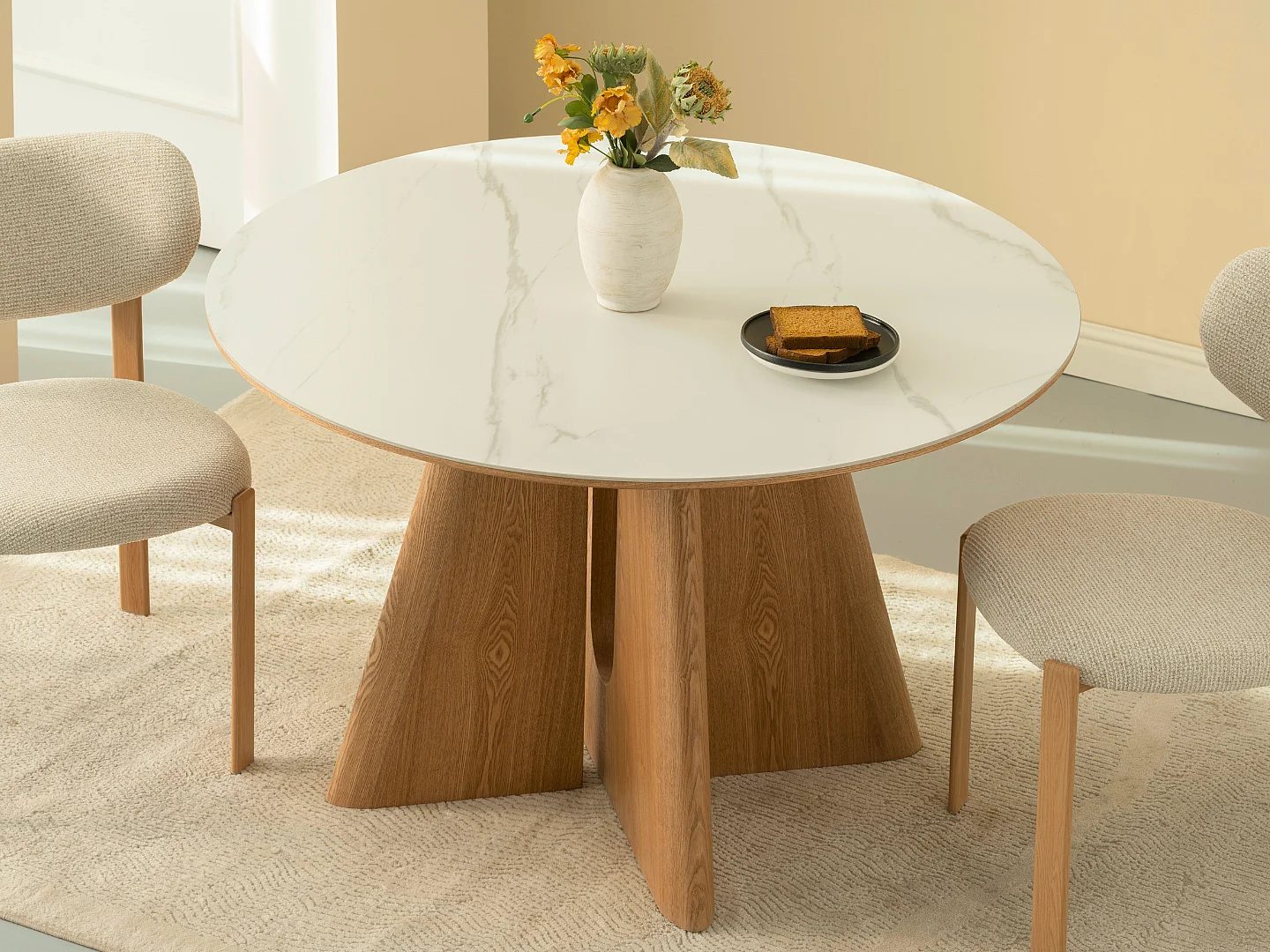Mesa de comedor Diana - Madera natural con tablero de cerámica acabado mármol blanco 120 cm - Homeluxury