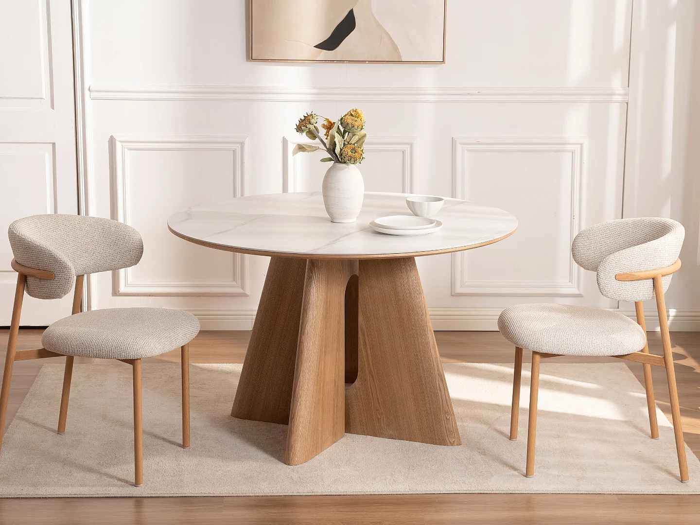 Mesa de comedor Diana - Madera natural con tablero de cerámica acabado mármol blanco 120 cm - Homeluxury