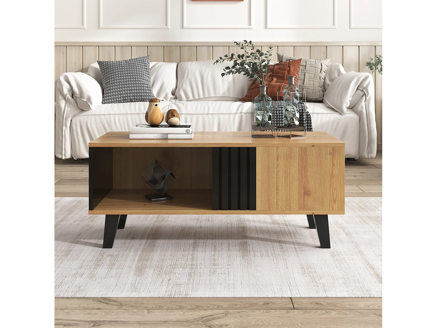 Coffee table with 3 compartments - Natural & Black