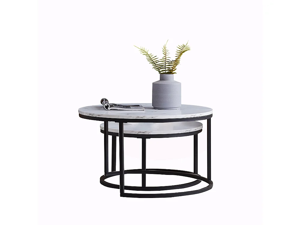 Tables rondes 2pcs - Table de côté moderne avec haut en marbre d'imitation blanc et jambes en cadre métallique - noir